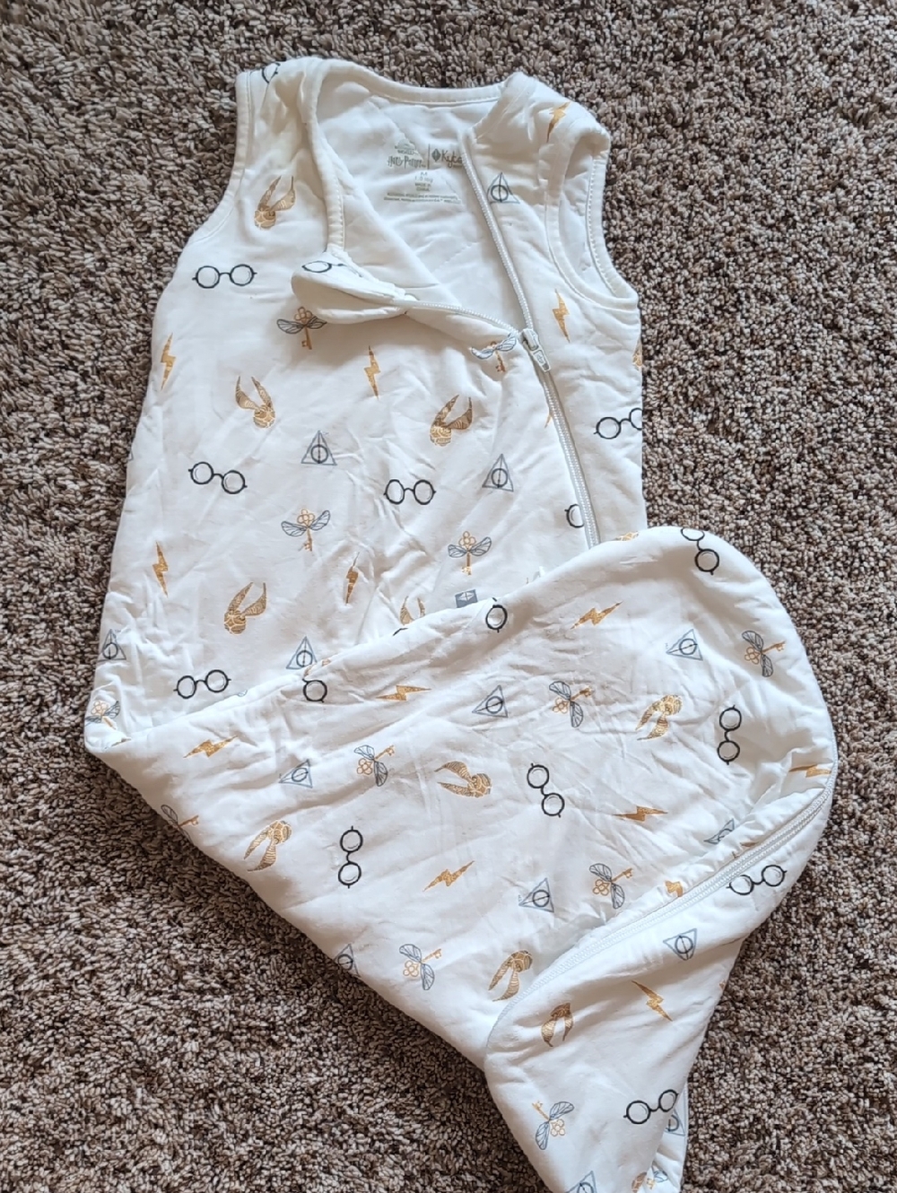 Harry Potter Kyte Baby White Sleep Sack with Gold and Black Magical Icons